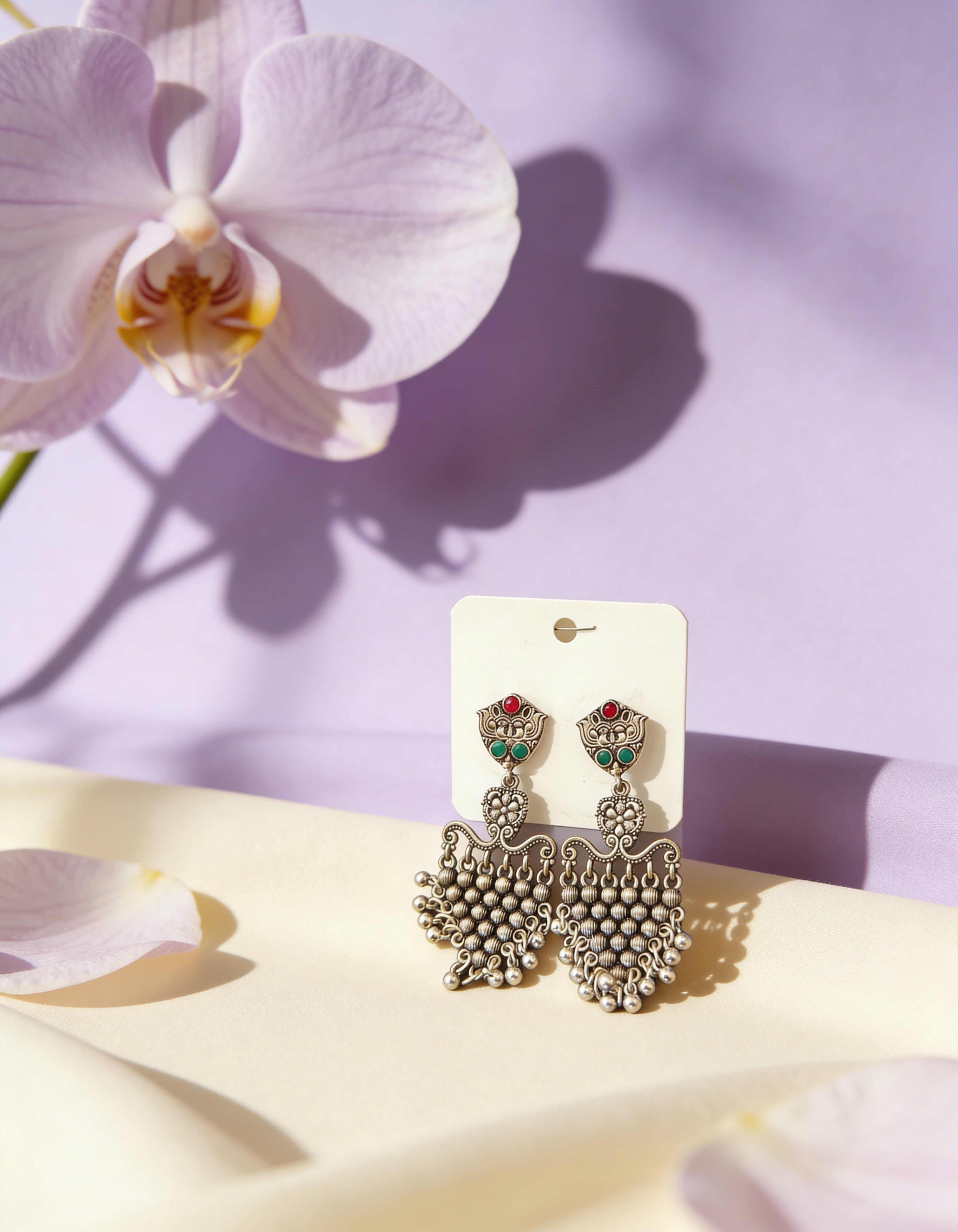 Oxidized Jhumka with Emerald & Ruby Accents