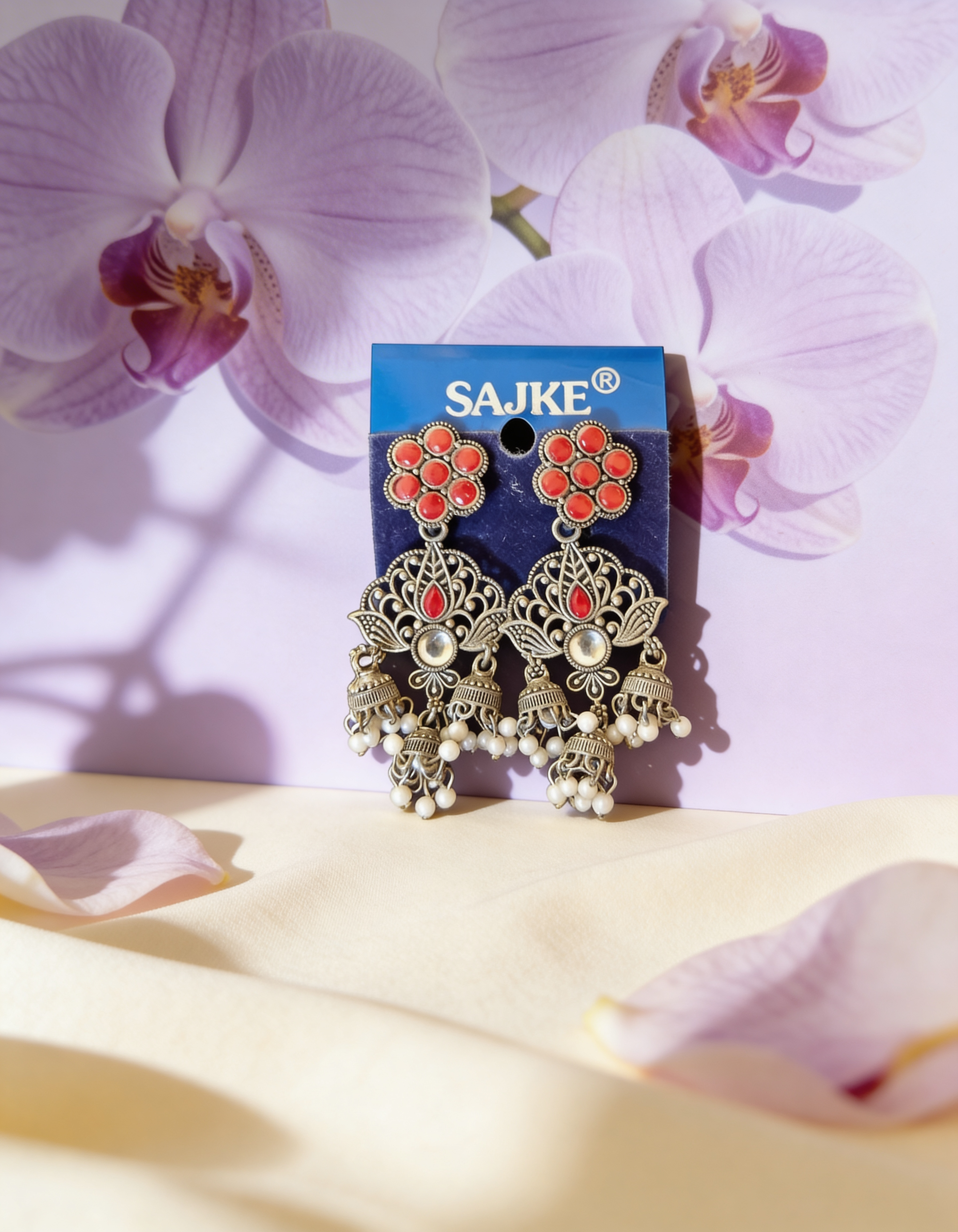 Vintage-Inspired Pearl Drop Jhumka in Ruby Red & Silver