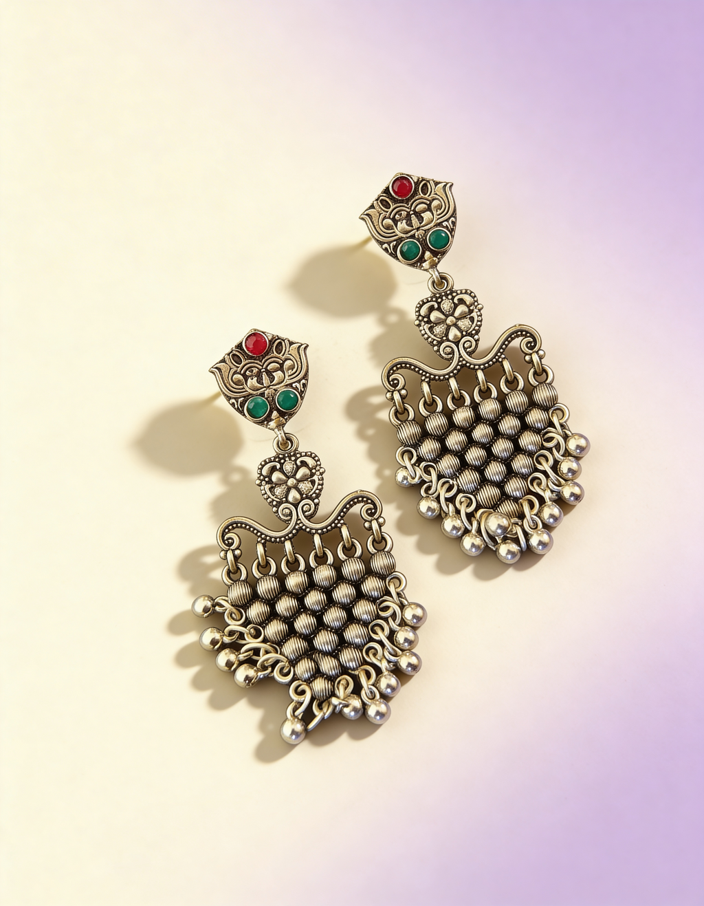 Oxidized Jhumka with Emerald & Ruby Accents