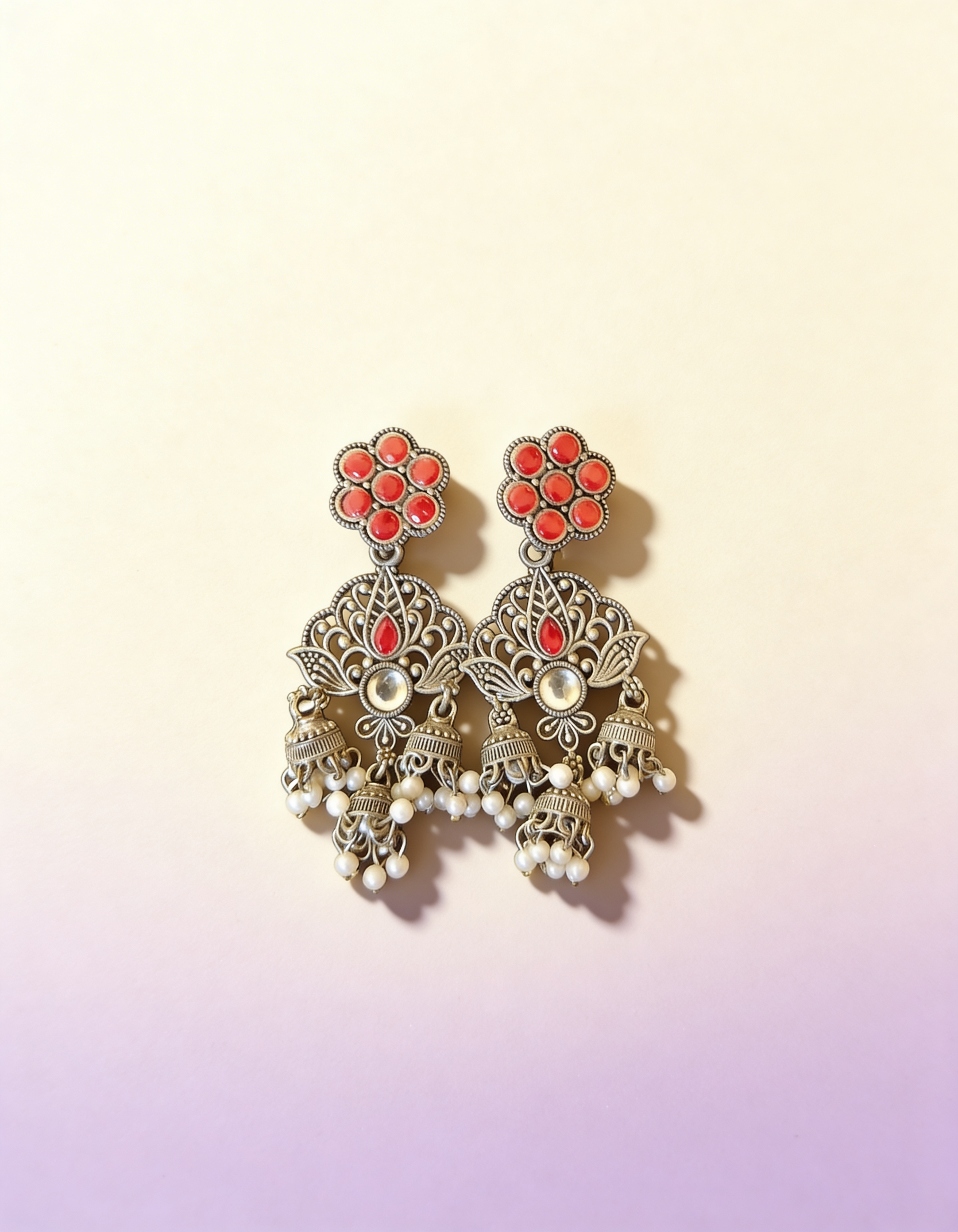 Vintage-Inspired Pearl Drop Jhumka in Ruby Red & Silver