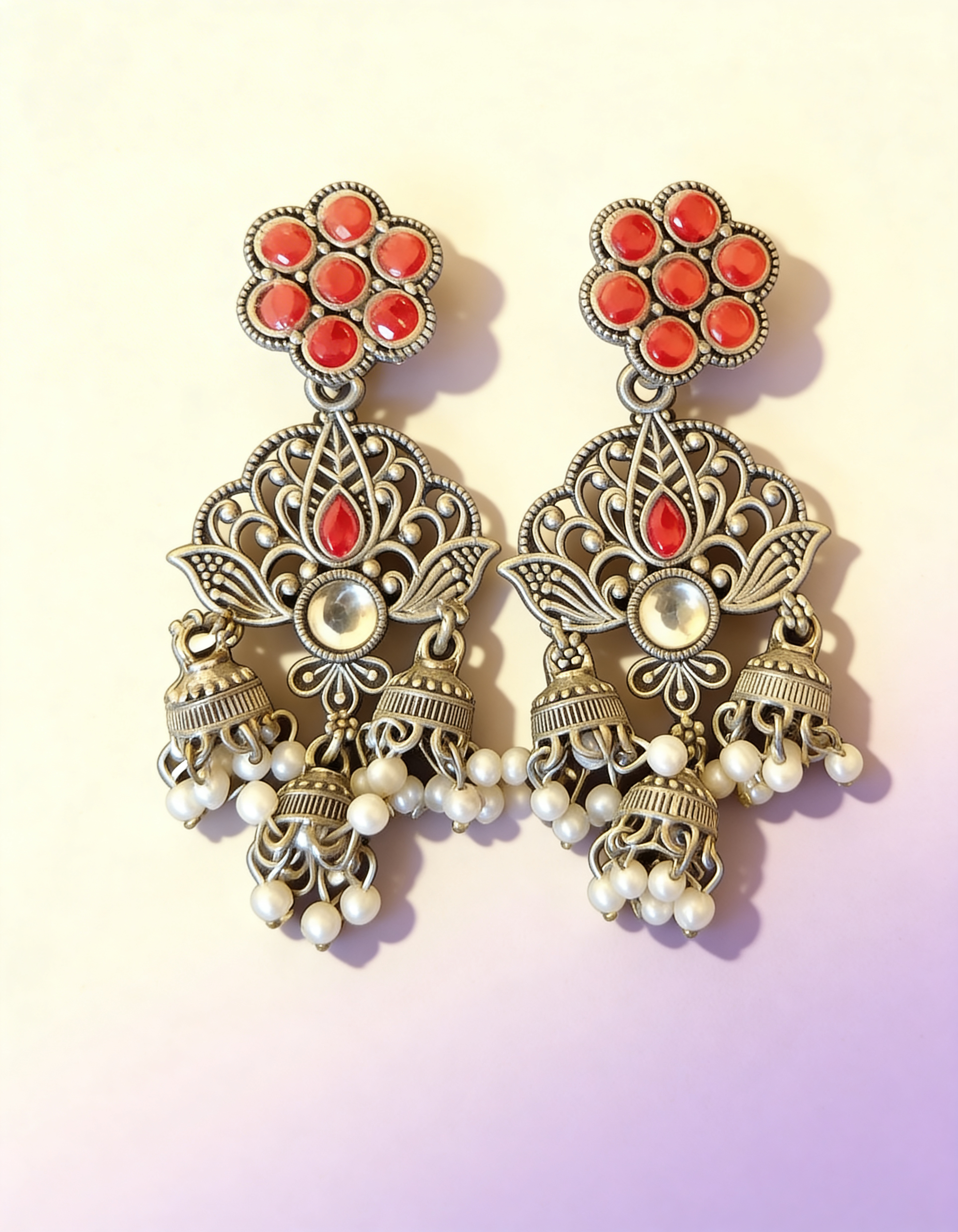 Vintage-Inspired Pearl Drop Jhumka in Ruby Red & Silver